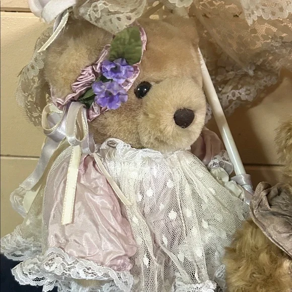 Elegant Teddy Bear Trio with Lace Dresses - Picture 4 of 9